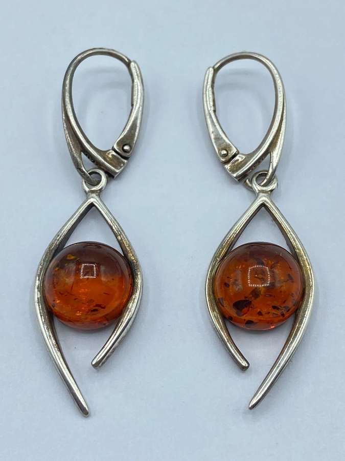 Pair Of Vintage Sterling Silver & Baltic Amber Drop Dangle Earrings