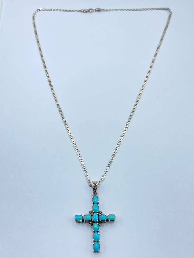 Vintage Navajo Sterling Silver & Turquoise Gemstone Cross Necklace