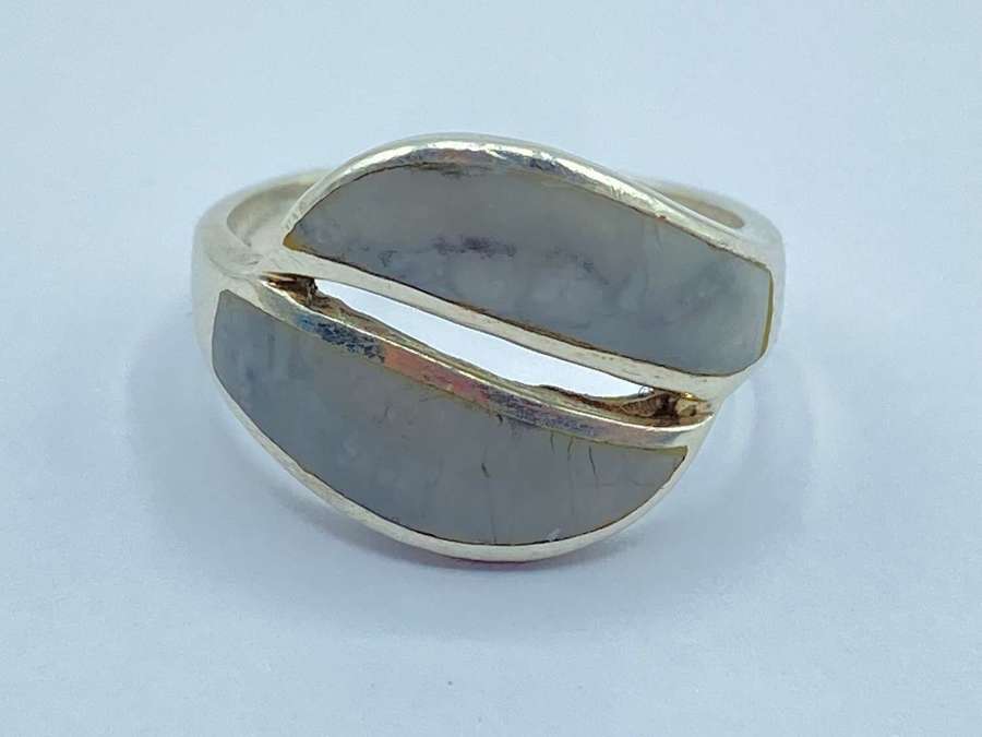 Beautiful Vintage 825 Marked Silver & Grey Granite Ring Size L