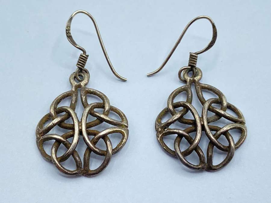 Vintage Sterling Silver Scottish Celtic Knot Drop Dangle Earrings