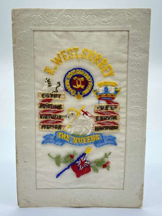 WW1 Embroidered Royal West Surrey The Queens Regiment Silk Postcard