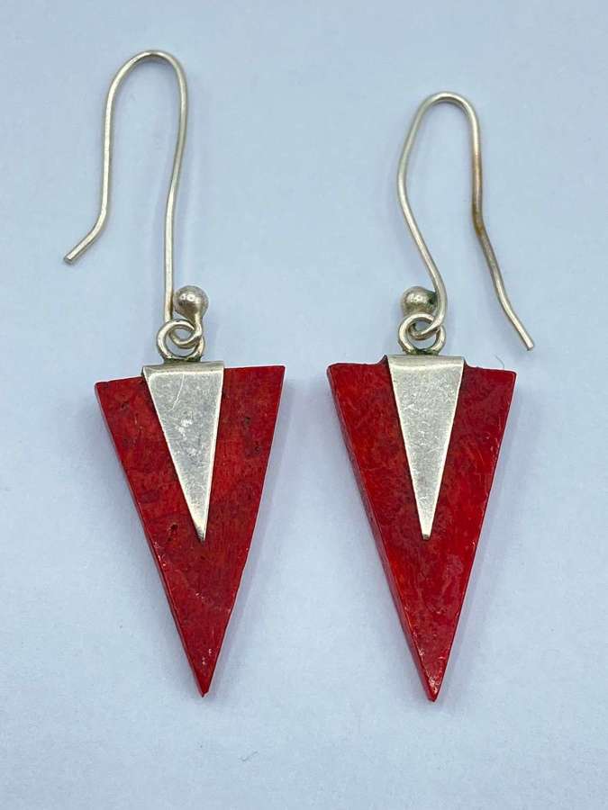 Vintage Sterling Silver & Synthetic Resin Red Coral Imitation Earrings