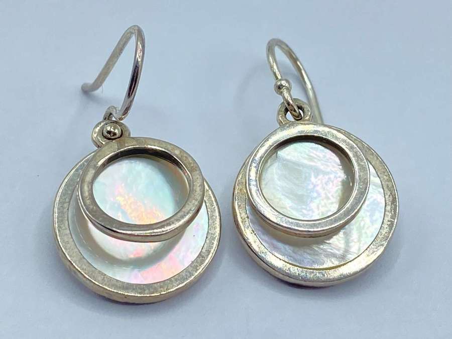 Vintage Sterling Silver & Mother Of Pearl Drop Dangle Earrings