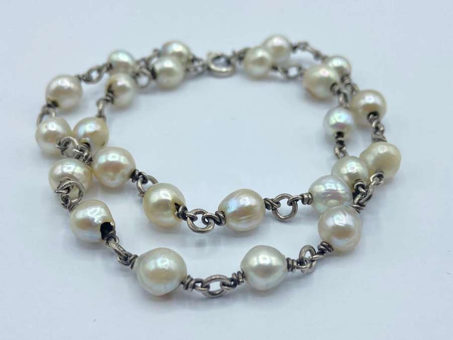 Beautiful Vintage Sterling Silver & Natural Pearl Two Tier Bracelet