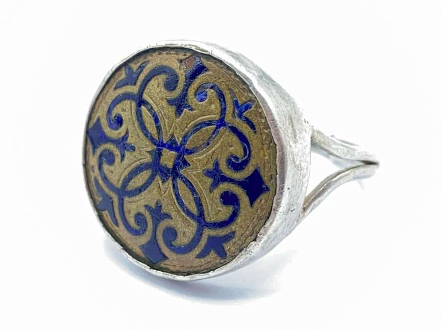 Beautiful Antique Silver Tested & Pattenered Colbalt Blue Enamel Ring