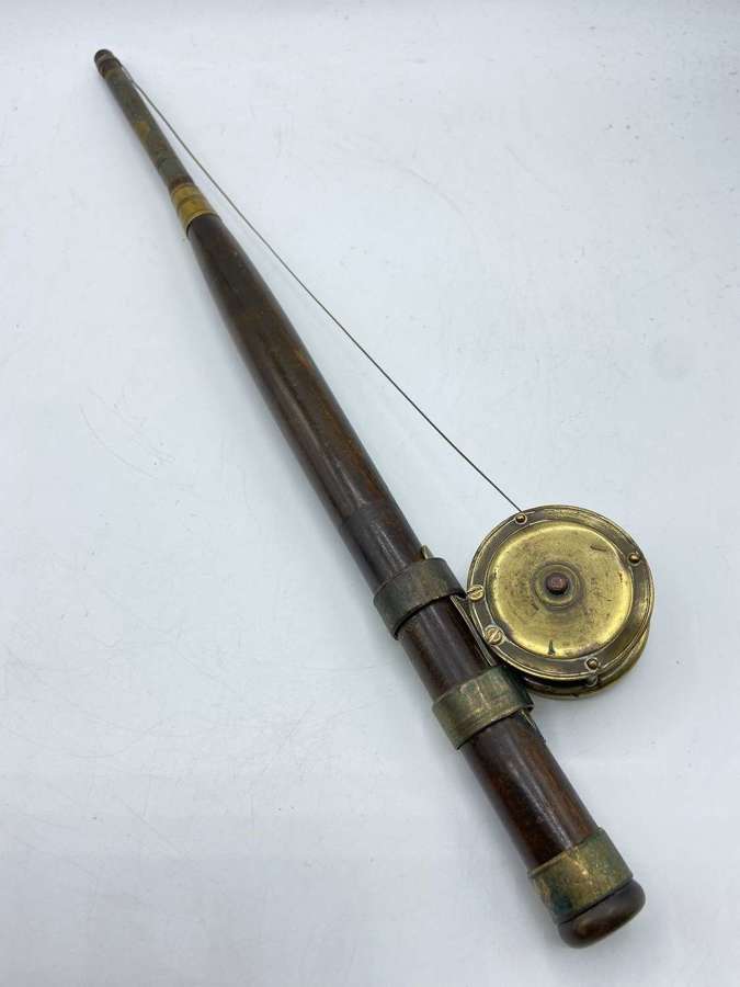 Antique Brass & Wooden Fishing Pole & Reel Which Is Maker Marked