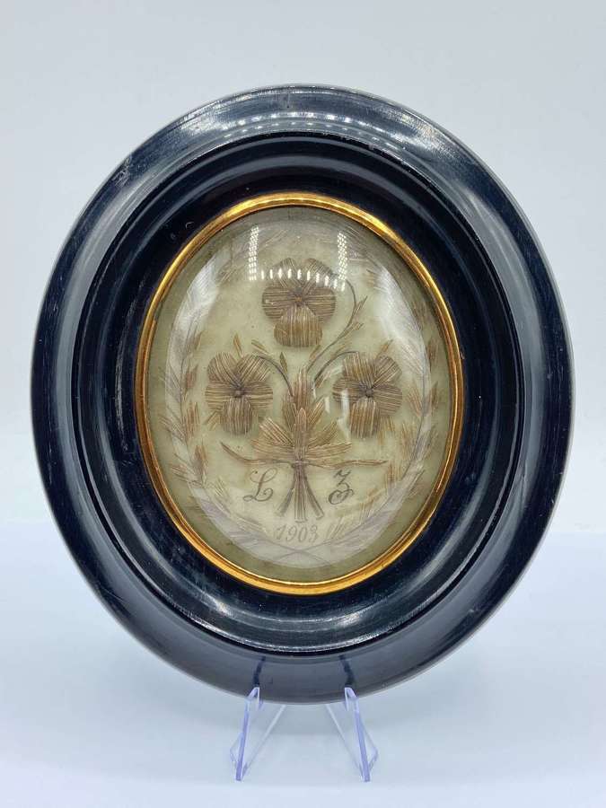 Antique French Framed Ladies  Mourning Hair Work Flowers Dated 1903