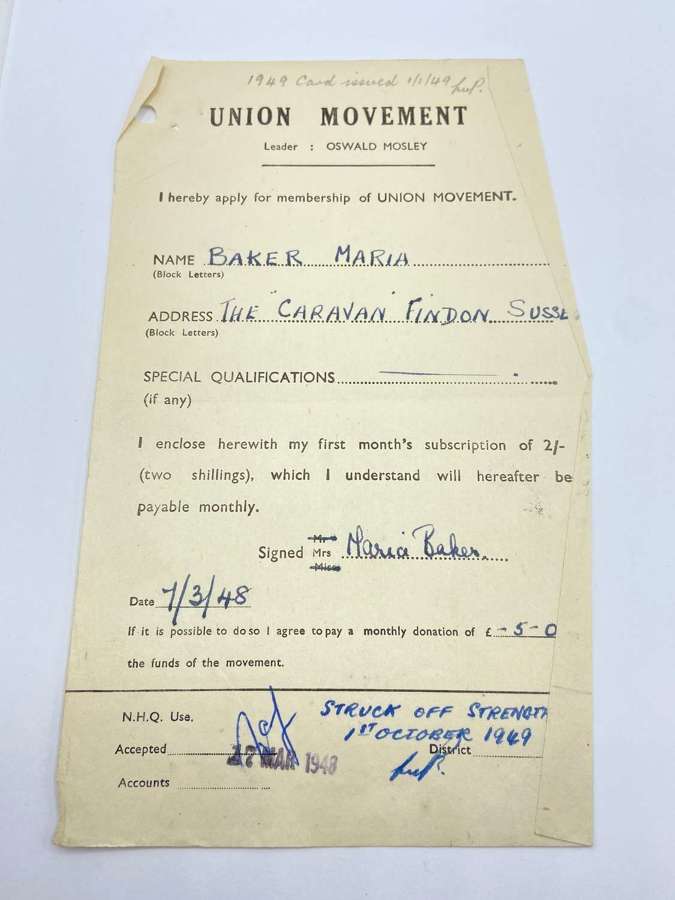 Post WW2 1949 Brighton Union Movement Application Form Oswald Mosley