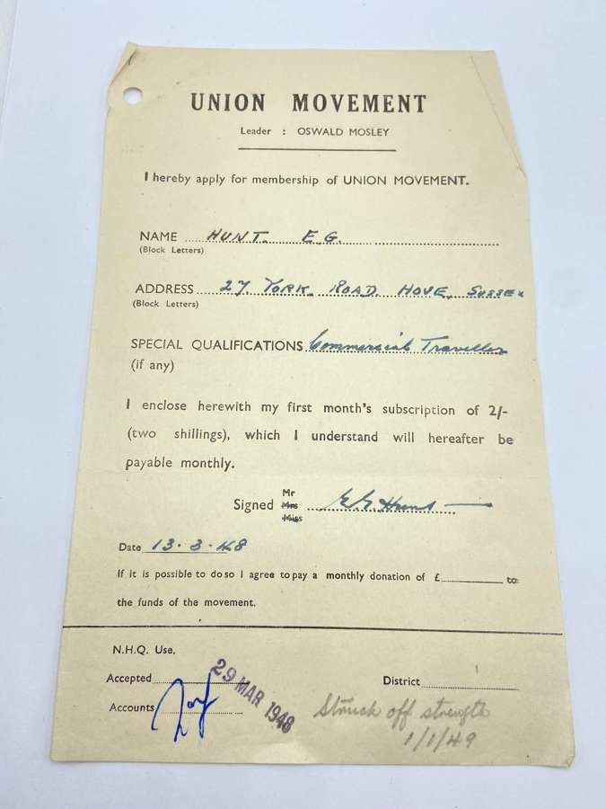 Post WW2 1948 Brighton Union Movement Application Form Oswald Mosley