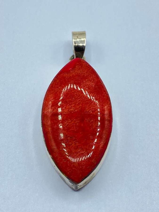 Vintage Sterling Silver Polished Red Coral Necklace Pendant
