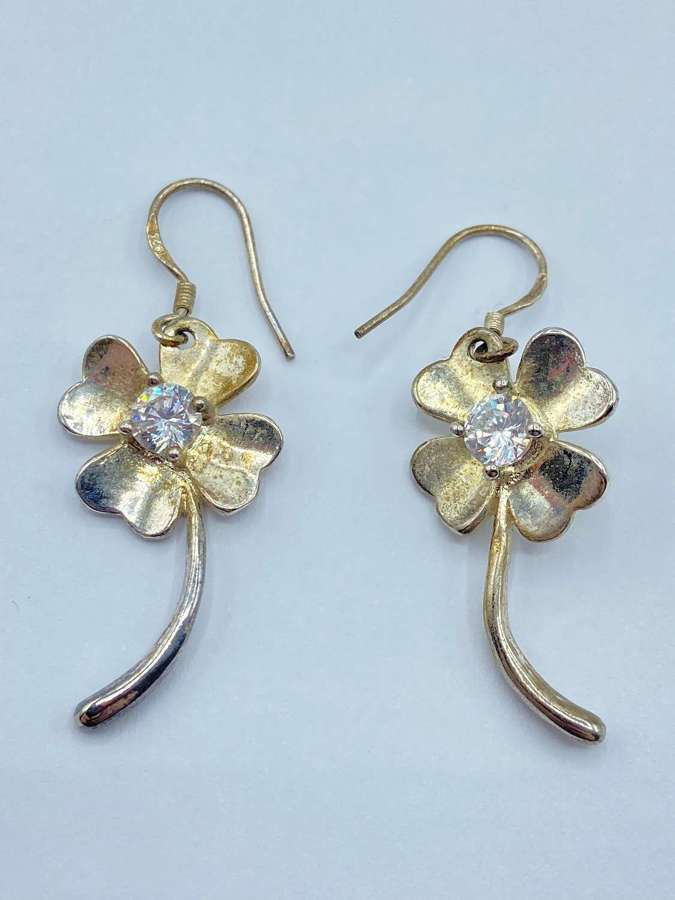Vintage Sterling Silver & Cz Four Leaf Clover Drop Dangle Earrings