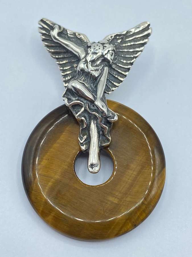 Vintage Sterling Silver Fairy & Spinning Tiger Eye Gemstone Pendant