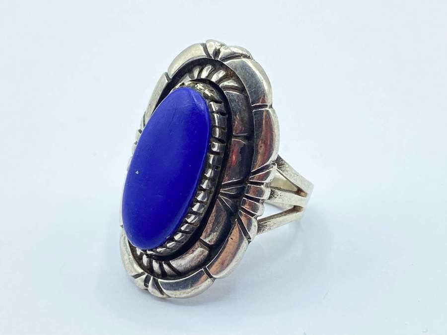 Beautiful Vintage Chunky Sterling Silver & Lapis Lazuli Ring Size M