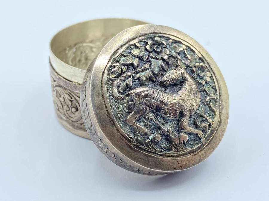 Antique German 835 Silver Animal & Florally Decorated Pill Trinket Box