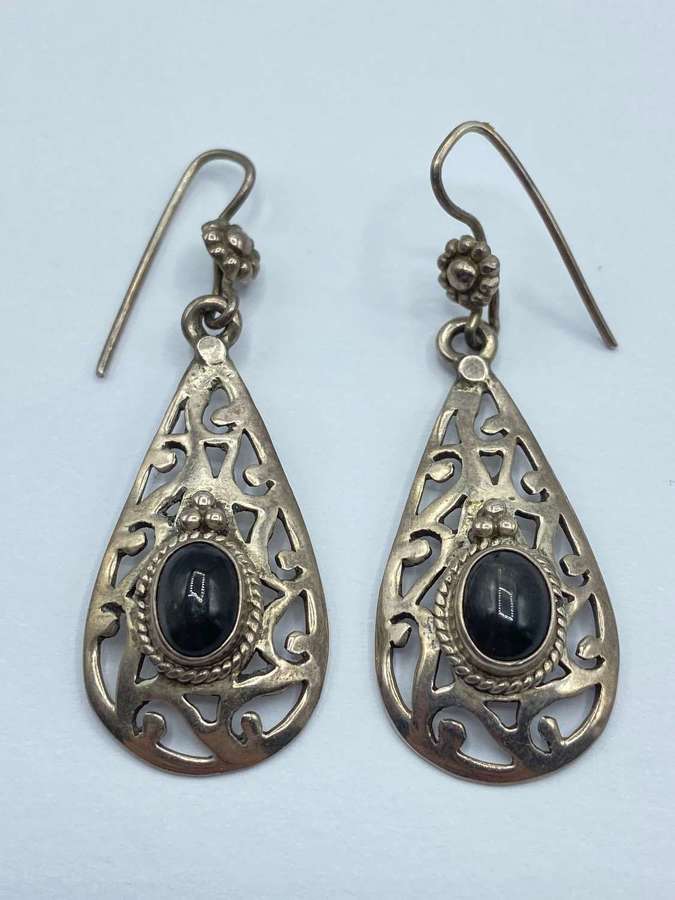 Vintage Sterling Silver & Cabochon Black Hematite Drop Dangle Earrings