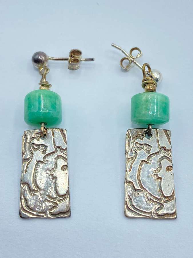 Beautiful Vintage Artisan Sterling Silver & Jade Stud Dangle Earrings