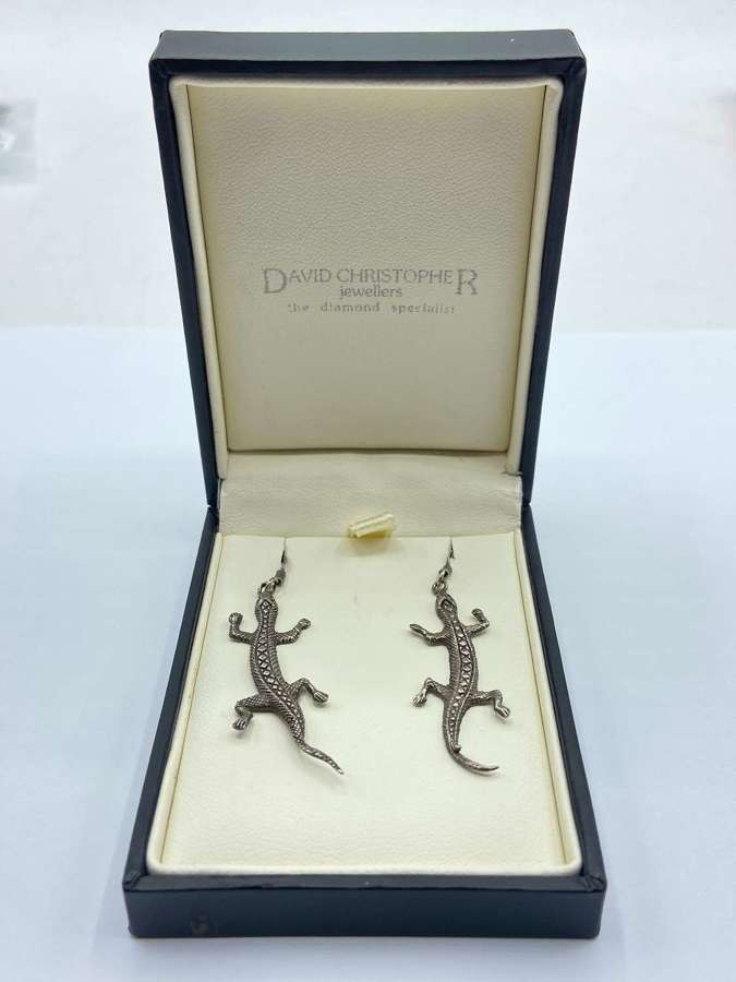 Beautiful Vintage Sterling Silver Lizard Drop Dangle Earrings & Box