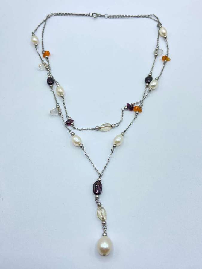 Vintage Silver Pearl, Quartz, Orange Moonstone & Amethyst Necklace