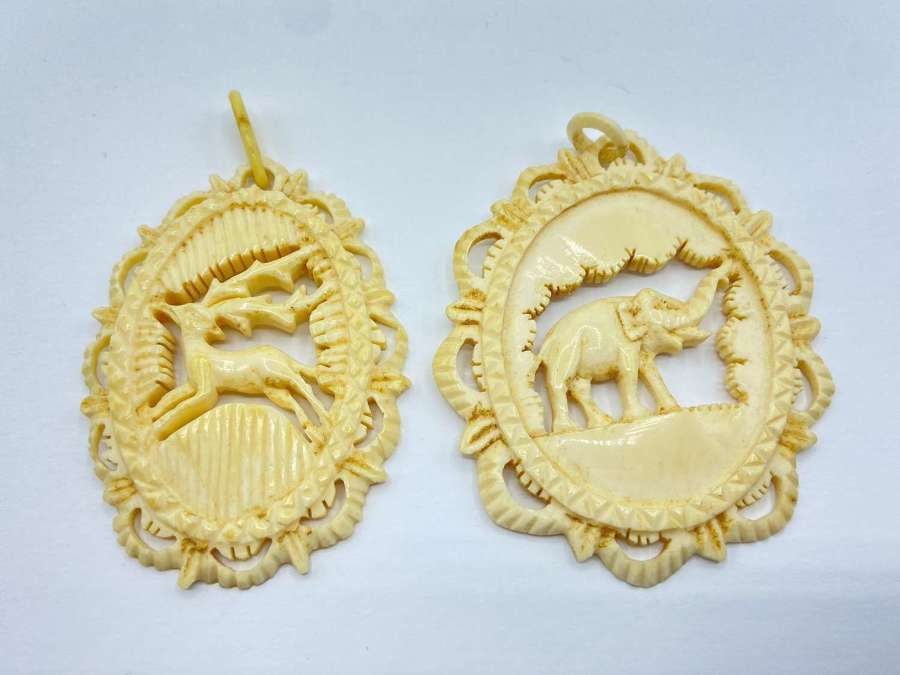 Antique French Celluloid Bone Imitation Hunting Deer Antlers Pendants