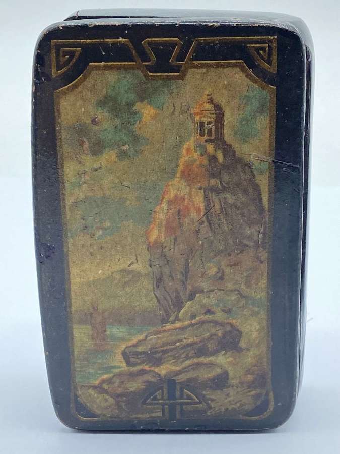 Antique Victorian Black Lacquer Papier Mache With Scene Snuff Box