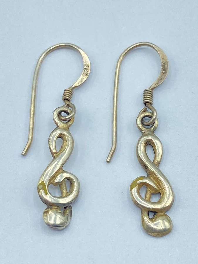 Vintage Sterling Silver Treble Clef Musical Notes Drop Dangle Earrings