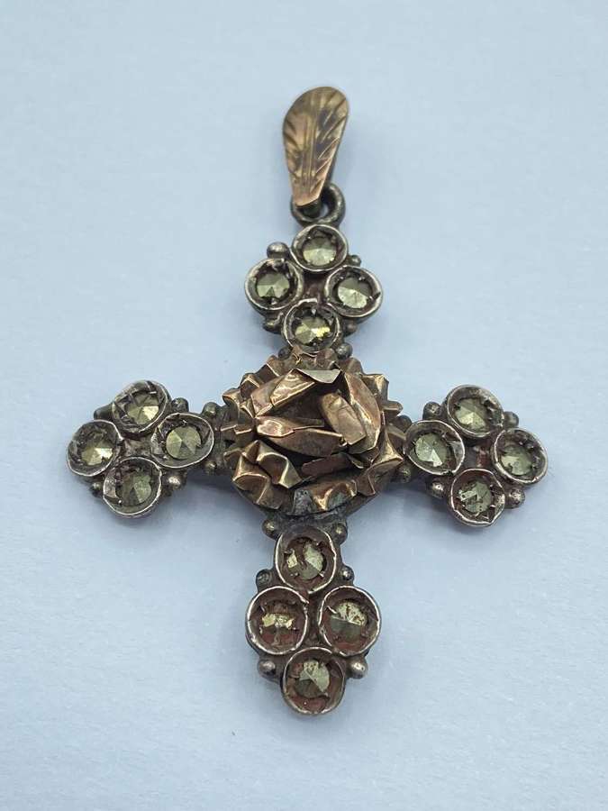 Beautiful Antique Silver, Rose Gold & Marcasite Cross Necklace Pendant