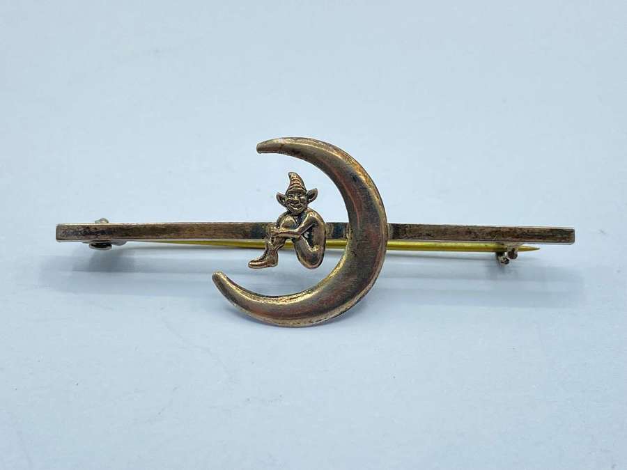 Antique Sterling Silver Marked Lucky Pixie & Crescent Moon Brooch
