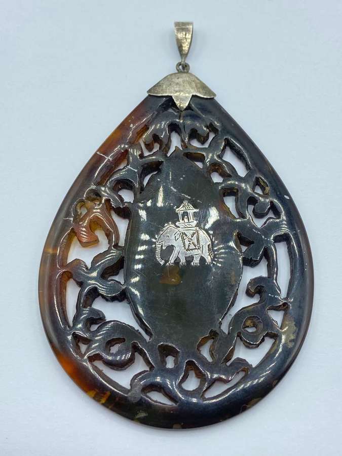 Antique 1880s Carved Tortoiseshell & Sterling Silver Elephant Pendant