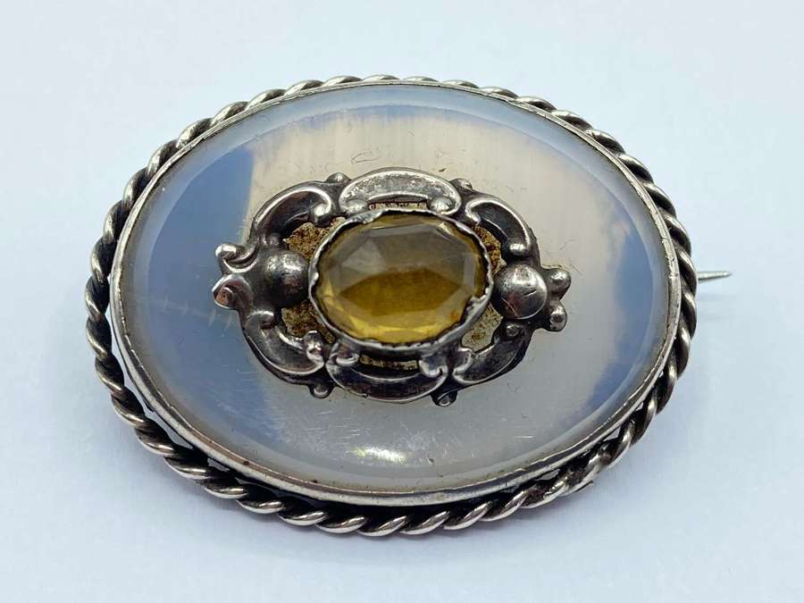 Antique Victorian Sterling Silver Chalcedony & Citrine Mourning Brooch
