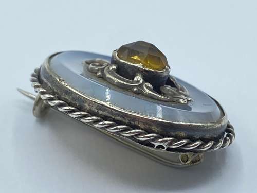 Antique Victorian Sterling Silver Chalcedony & Citrine Mourning Brooch