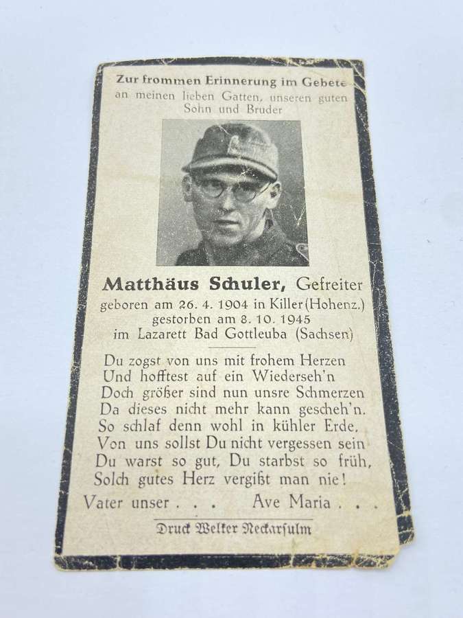 WW2 German Matth&auml;us Schuler Kia In Saxony 8th October 1945 Death Card
