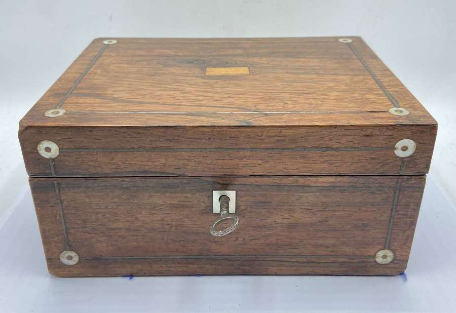 Antique Victorian Rosewood & Mother Of Pearl Inlay Jewellery Box & Key