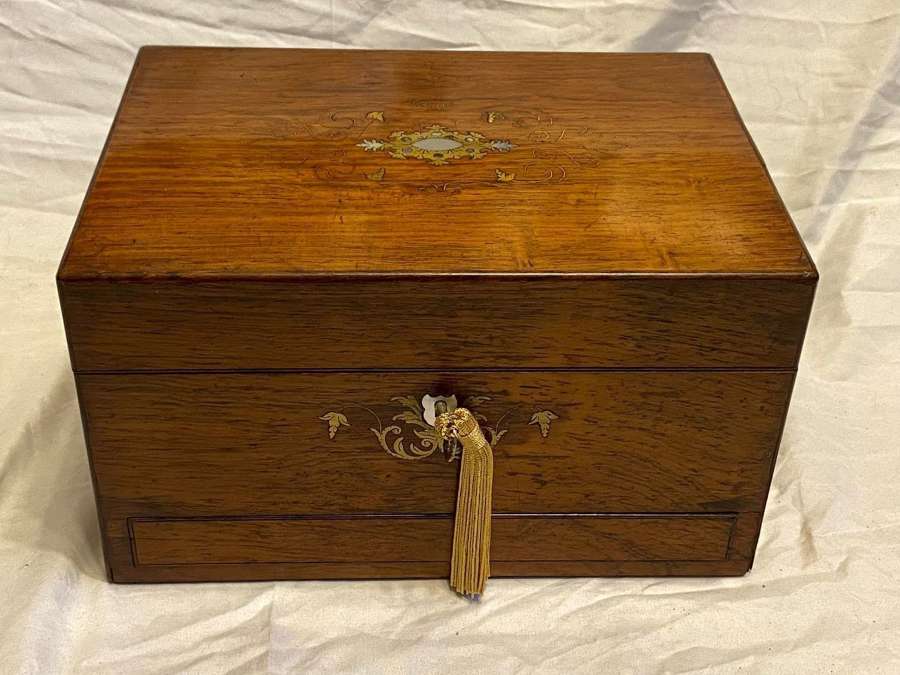 Antique Art Nouveau Brass & Mother Of Pearl Inlay Oak Vanity Box