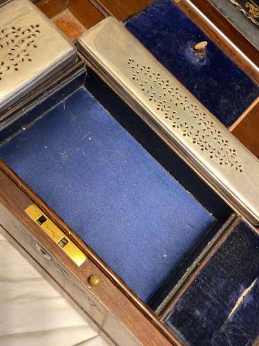 Antique Art Nouveau Brass & Mother Of Pearl Inlay Oak Vanity Box