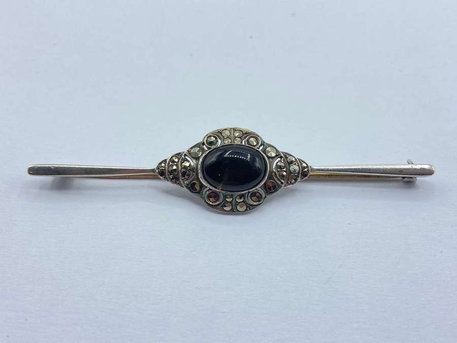 Beautiful Vintage German 935 Silver Art Deco Marcasite & Onyx Brooch