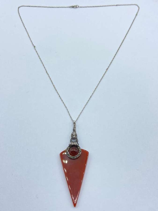 Antique 1920s Art Deco Sterling Silver, Marcasite & Carnelian Necklace