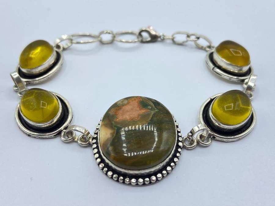 Beautiful Vintage Sterling Honey Calcite & Ocean Jasper Bracelet