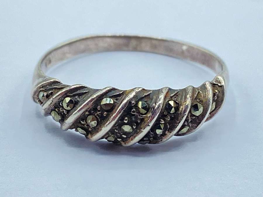 Vintage Art Deco Sterling Silver & Marcasite Gemstone Ring Size N