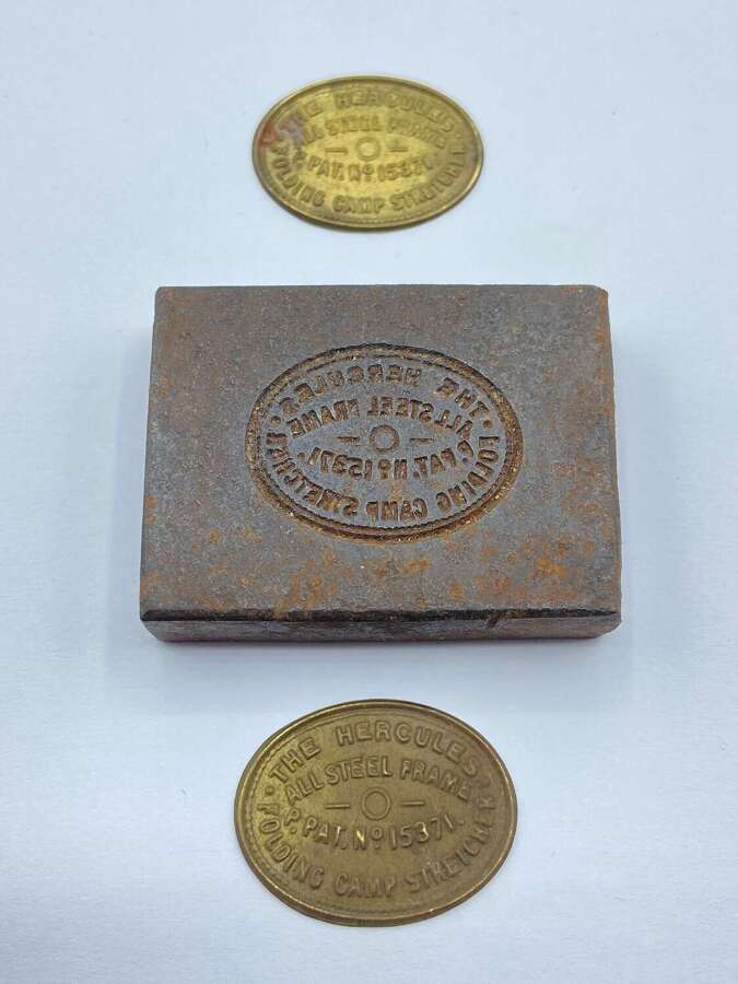 WW1 The Hercules All Steel Frame Folding Camp Stretcher Die & Plaques
