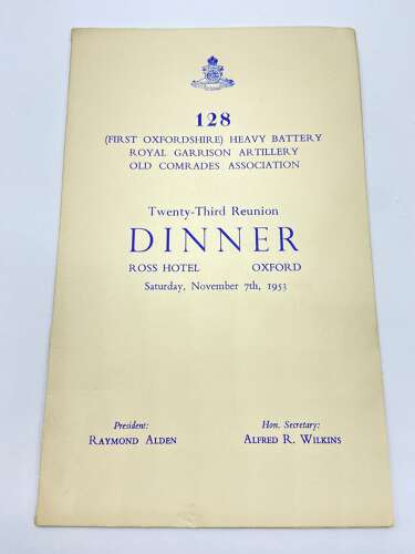 WW2 128th Heavy Battery Royal Garrison Artillery Dinner Menu