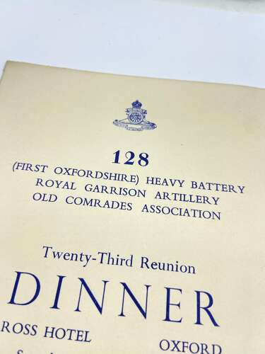 WW2 128th Heavy Battery Royal Garrison Artillery Dinner Menu