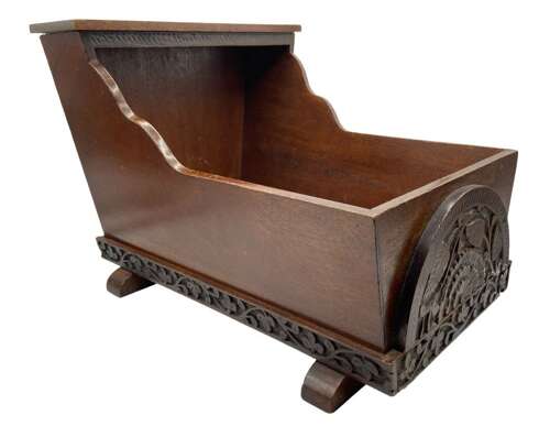 Antique Mahogany Dolls Cradle With Carved Wooden Floral Motifs