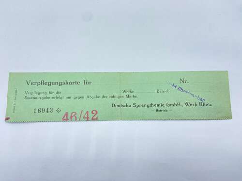 WW2 German Secret-Deutsche Sprengchemie GmbH Klietz Meal Card