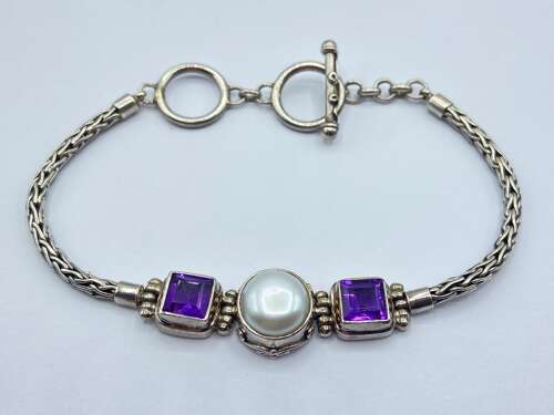 Vintage Sterling Silver Faceted Amethyst & Natural Pearl Bracelet