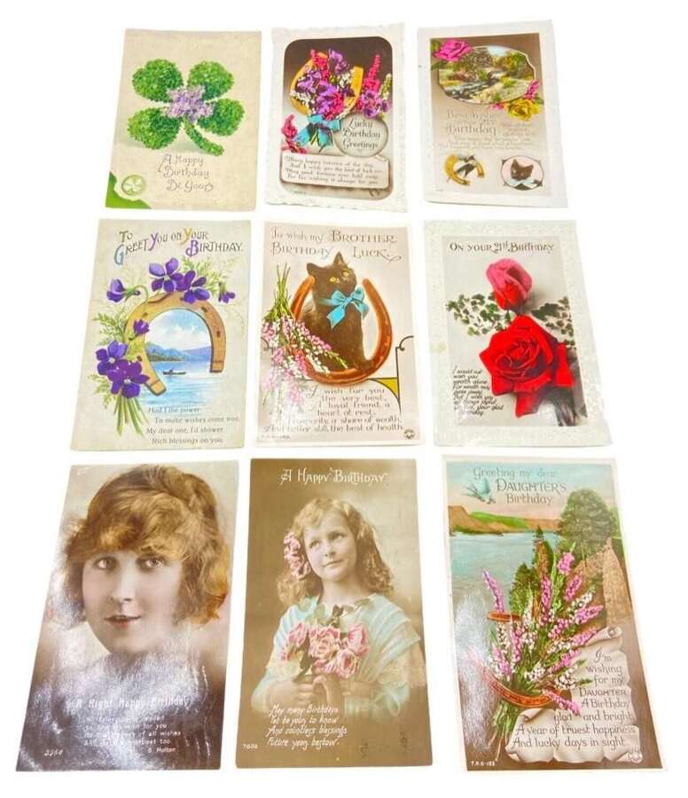 Antique Lot Of Happy Birthday Postcards Inc Horseshoes, Shamrock Etc