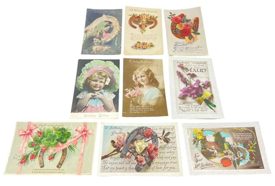 Antique Job Lot Of Happy Birthday Postcards Inc Horseshoes, Pigs Etc