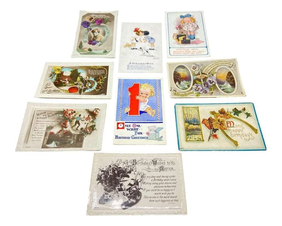 Antique Lot Of Happy Birthday Postcards Inc Horseshoes, Football Etc