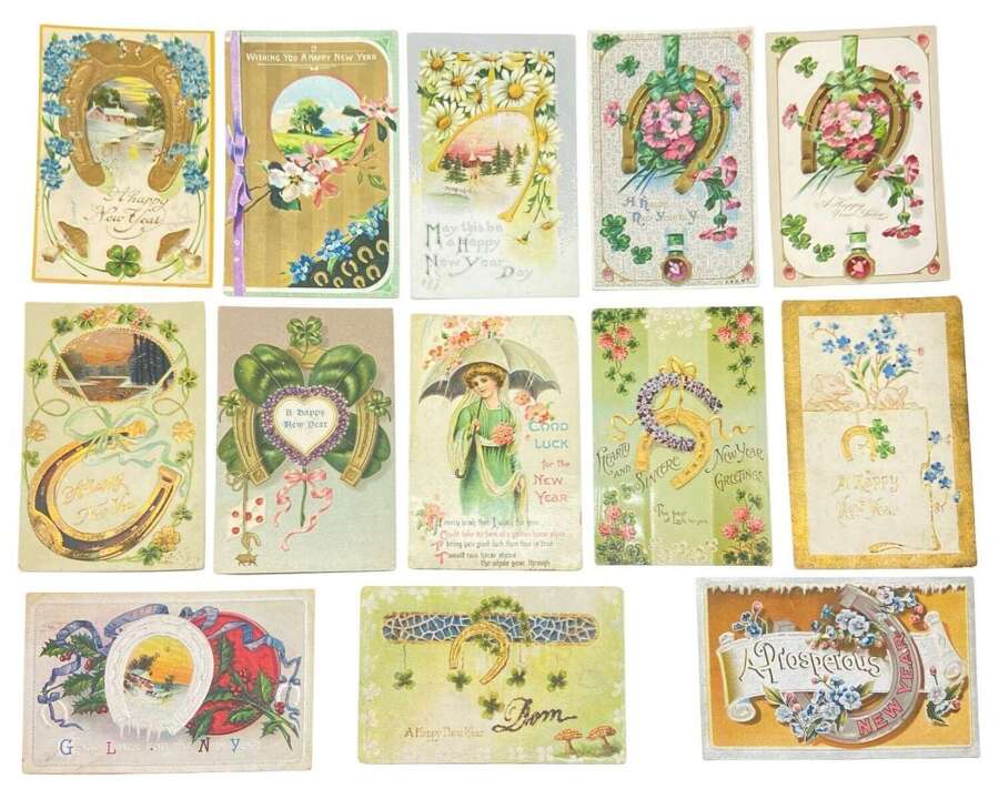 Antique Job Lot Of 15 Colourful Illustrated Happy New Year Postcards