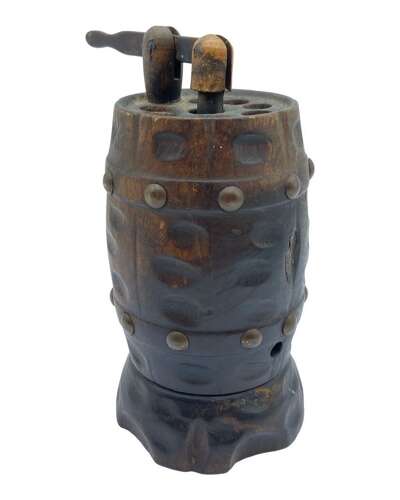Antique Carved Oak & Brass Studded Barrel Cigarette Dispenser