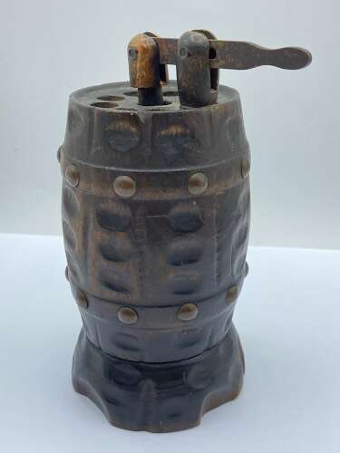 Antique Carved Oak & Brass Studded Barrel Cigarette Dispenser